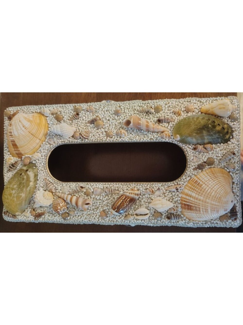 Seashell Beaded Tissue Box Cover Rectangle Nautical Beach Sea Life Decor Wooden